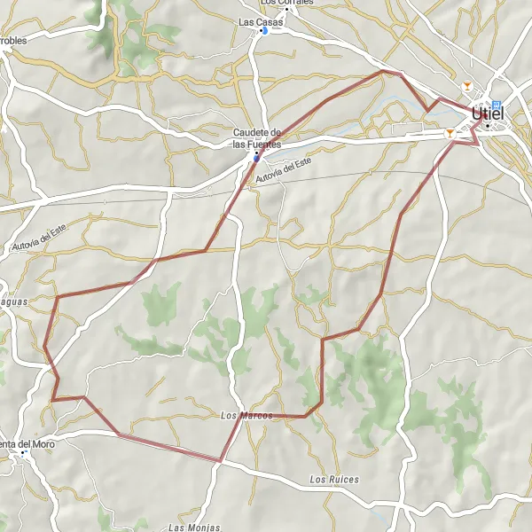 Map miniature of "La Cornudilla and Caudete de las Fuentes Gravel Scenic Route" cycling inspiration in Comunitat Valenciana, Spain. Generated by Tarmacs.app cycling route planner