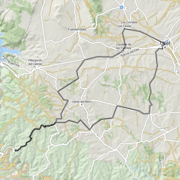 Miniatura della mappa di ispirazione al ciclismo "Tour panoramico da Utiel a Casas del Rey" nella regione di Comunitat Valenciana, Spain. Generata da Tarmacs.app, pianificatore di rotte ciclistiche