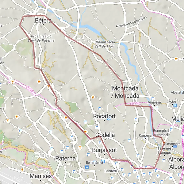 Miniatua del mapa de inspiración ciclista "Ruta de Grava por Burjassot, Bétera y Montcada / Moncada" en Comunitat Valenciana, Spain. Generado por Tarmacs.app planificador de rutas ciclistas