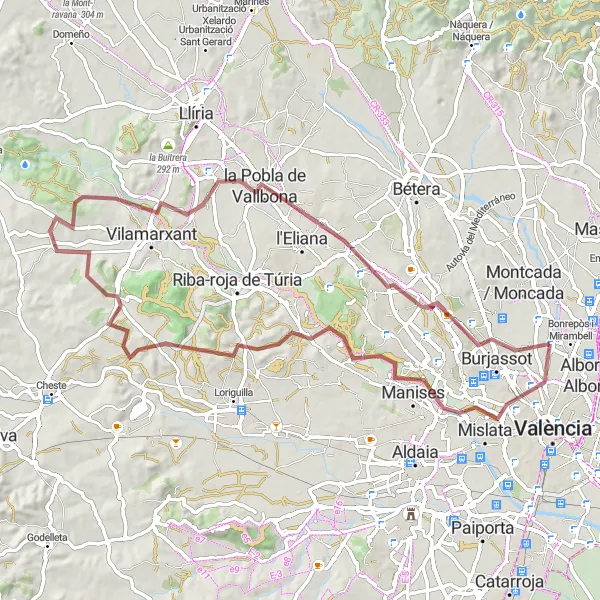 Miniaturní mapa "Gravelová jízda kolem Mislata" inspirace pro cyklisty v oblasti Comunitat Valenciana, Spain. Vytvořeno pomocí plánovače tras Tarmacs.app