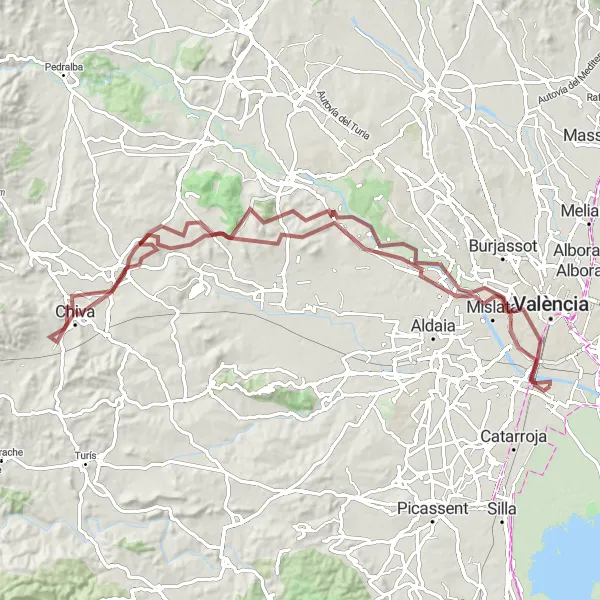 Miniatura della mappa di ispirazione al ciclismo "Tour ciclistico di 100 km da Valencia a Jesús e Manises" nella regione di Comunitat Valenciana, Spain. Generata da Tarmacs.app, pianificatore di rotte ciclistiche