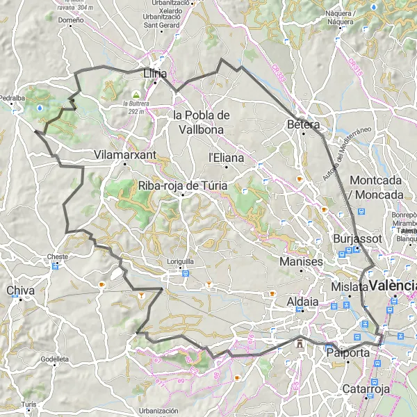 Miniatuurkaart van de fietsinspiratie "Wegroute naar Llíria" in Comunitat Valenciana, Spain. Gemaakt door de Tarmacs.app fietsrouteplanner