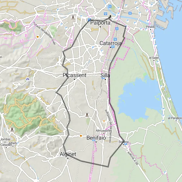 Miniaturní mapa "Cyklotrasa k Benetússer a Picanya" inspirace pro cyklisty v oblasti Comunitat Valenciana, Spain. Vytvořeno pomocí plánovače tras Tarmacs.app