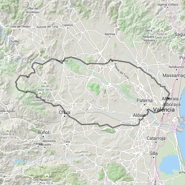 Miniatua del mapa de inspiración ciclista "Desafiante ruta en carretera cerca de Valencia" en Comunitat Valenciana, Spain. Generado por Tarmacs.app planificador de rutas ciclistas