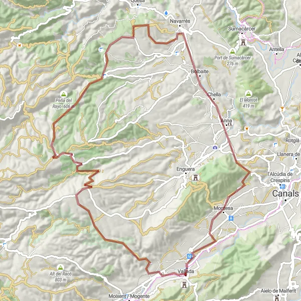 Miniatura della mappa di ispirazione al ciclismo "Avventura in mountain bike da Vallada a Montesa" nella regione di Comunitat Valenciana, Spain. Generata da Tarmacs.app, pianificatore di rotte ciclistiche