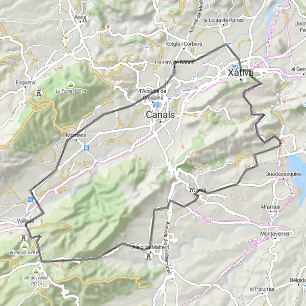 Miniatura della mappa di ispirazione al ciclismo "Giro in bicicletta da Vallada attraverso l'entroterra" nella regione di Comunitat Valenciana, Spain. Generata da Tarmacs.app, pianificatore di rotte ciclistiche