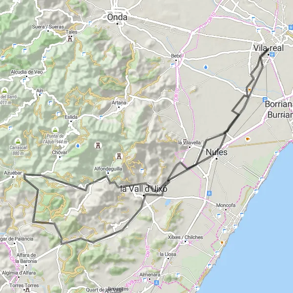 Karten-Miniaturansicht der Radinspiration "Küstenradtour von Nules nach la Vall d'Uixó" in Comunitat Valenciana, Spain. Erstellt vom Tarmacs.app-Routenplaner für Radtouren