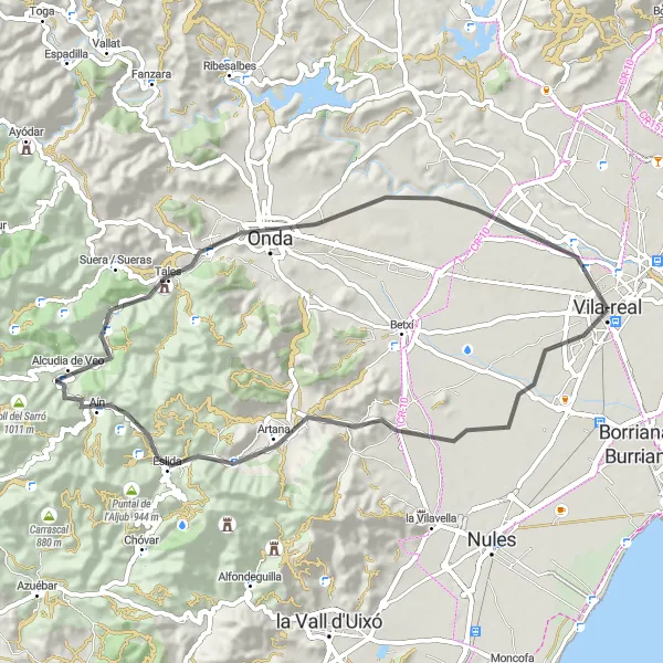 Miniatura della mappa di ispirazione al ciclismo "Giro in bicicletta da Vila-real a Onda" nella regione di Comunitat Valenciana, Spain. Generata da Tarmacs.app, pianificatore di rotte ciclistiche