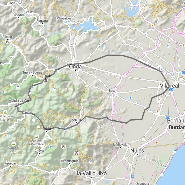 Map miniature of "Artana Delight" cycling inspiration in Comunitat Valenciana, Spain. Generated by Tarmacs.app cycling route planner