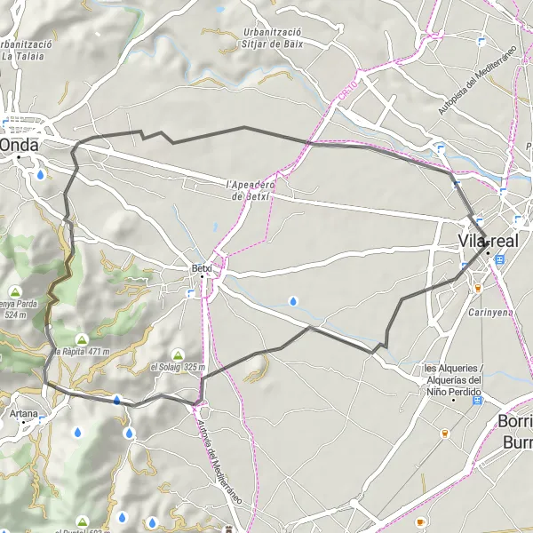 Map miniature of "Vila-real Road Route" cycling inspiration in Comunitat Valenciana, Spain. Generated by Tarmacs.app cycling route planner