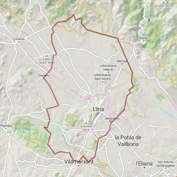 Miniaturní mapa "Gravelová cesta kolem Vilamarxant" inspirace pro cyklisty v oblasti Comunitat Valenciana, Spain. Vytvořeno pomocí plánovače tras Tarmacs.app