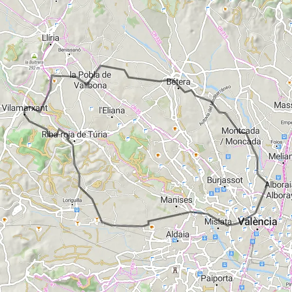 Miniatura della mappa di ispirazione al ciclismo "Giro in bicicletta intorno a Vilamarxant" nella regione di Comunitat Valenciana, Spain. Generata da Tarmacs.app, pianificatore di rotte ciclistiche