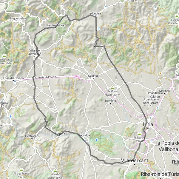 Miniatura della mappa di ispirazione al ciclismo "Circuito panoramico nelle vicinanze di Vilamarxant" nella regione di Comunitat Valenciana, Spain. Generata da Tarmacs.app, pianificatore di rotte ciclistiche