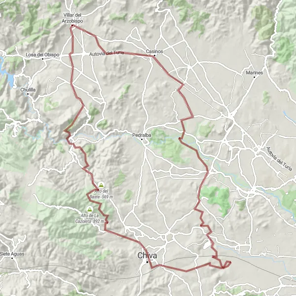 Miniaturní mapa "Gravel Bike Adventure: Villar del Arzobispo Loop" inspirace pro cyklisty v oblasti Comunitat Valenciana, Spain. Vytvořeno pomocí plánovače tras Tarmacs.app