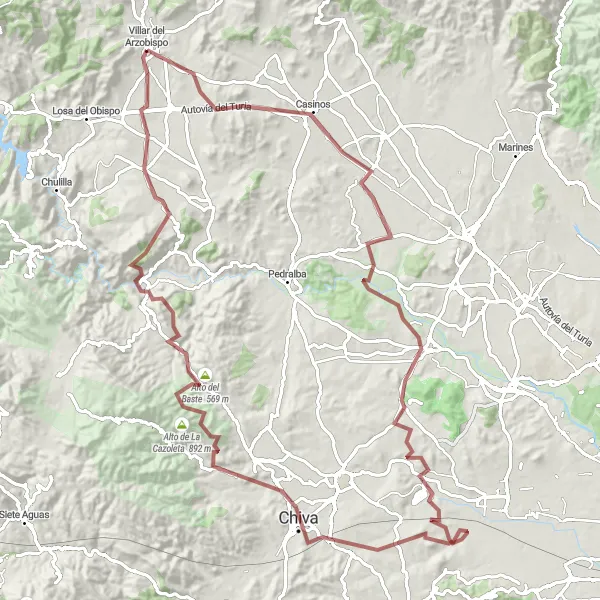 Miniature de la carte de l'inspiration cycliste "Boucle de 113km en gravier au départ de Villar del Arzobispo" dans la Comunitat Valenciana, Spain. Générée par le planificateur d'itinéraire cycliste Tarmacs.app