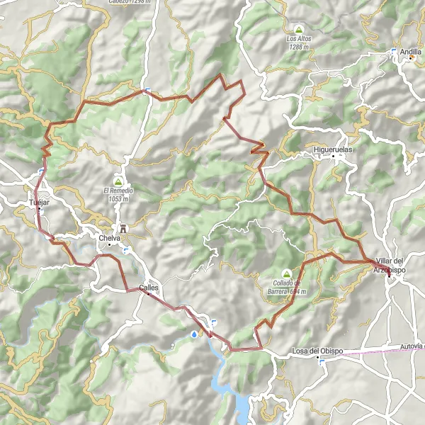 Miniaturní mapa "Mountain Gravel Expedition: Villar del Arzobispo Loop" inspirace pro cyklisty v oblasti Comunitat Valenciana, Spain. Vytvořeno pomocí plánovače tras Tarmacs.app