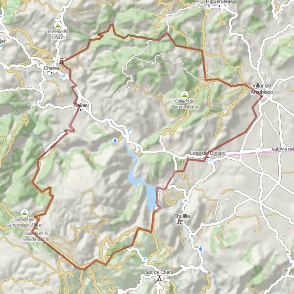Miniaturní mapa "Cyklovýlet mezi Losa del Obispo a Chelvou" inspirace pro cyklisty v oblasti Comunitat Valenciana, Spain. Vytvořeno pomocí plánovače tras Tarmacs.app