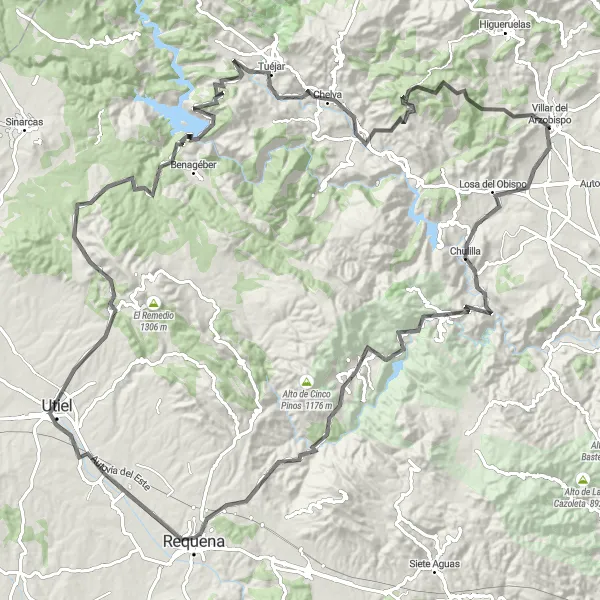 Miniatura della mappa di ispirazione al ciclismo "Viaggio in Bici da Strada tra Villar del Arzobispo e Castellano" nella regione di Comunitat Valenciana, Spain. Generata da Tarmacs.app, pianificatore di rotte ciclistiche