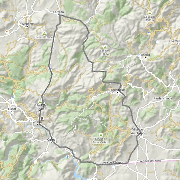 Miniatura della mappa di ispirazione al ciclismo "Giro in Bici da Strada tra Villar del Arzobispo e Peñas de Dios" nella regione di Comunitat Valenciana, Spain. Generata da Tarmacs.app, pianificatore di rotte ciclistiche