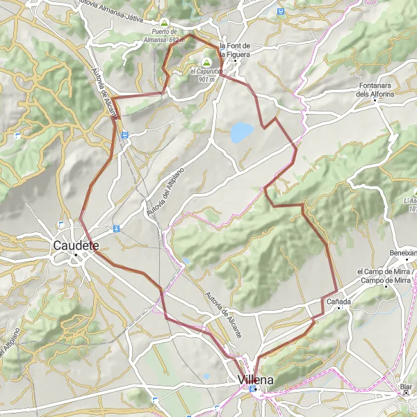 Miniatura della mappa di ispirazione al ciclismo "Villena - Caudete - el Capurutxo - la Font de la Figuera - La Zafra - Cañada" nella regione di Comunitat Valenciana, Spain. Generata da Tarmacs.app, pianificatore di rotte ciclistiche