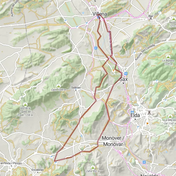 Miniatura della mappa di ispirazione al ciclismo "Villena - Santa Eulalia - Cabrera - Sax - Castillo de la Atalaya" nella regione di Comunitat Valenciana, Spain. Generata da Tarmacs.app, pianificatore di rotte ciclistiche