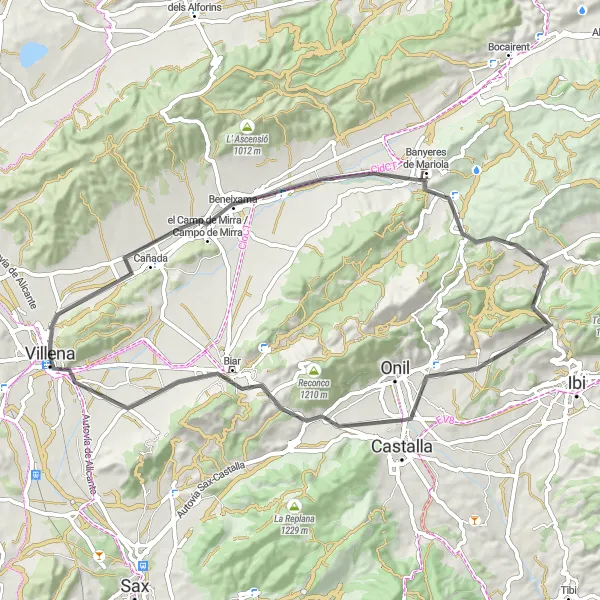 Miniaturní mapa "Silniční trasa Villena-Beneixama-Banyeres de Mariola-Biscoy-Biar-Castillo de la Atalaya" inspirace pro cyklisty v oblasti Comunitat Valenciana, Spain. Vytvořeno pomocí plánovače tras Tarmacs.app