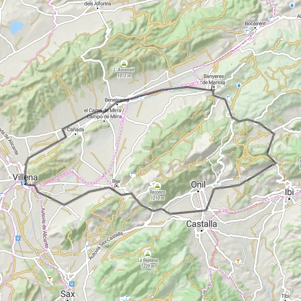 Miniatura della mappa di ispirazione al ciclismo "Giro su Strada tra Beneixama e Biar" nella regione di Comunitat Valenciana, Spain. Generata da Tarmacs.app, pianificatore di rotte ciclistiche