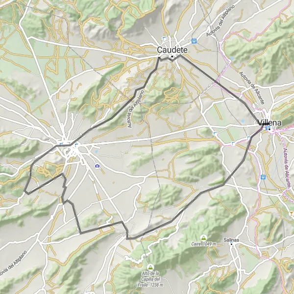 Miniatura della mappa di ispirazione al ciclismo "Villena - Yecla - Caudete" nella regione di Comunitat Valenciana, Spain. Generata da Tarmacs.app, pianificatore di rotte ciclistiche