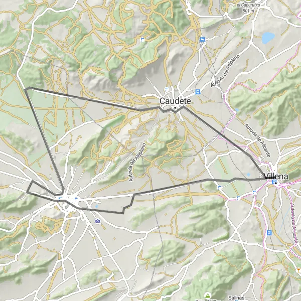 Miniaturní mapa "Scenic Road Cycling Loop from Villena" inspirace pro cyklisty v oblasti Comunitat Valenciana, Spain. Vytvořeno pomocí plánovače tras Tarmacs.app