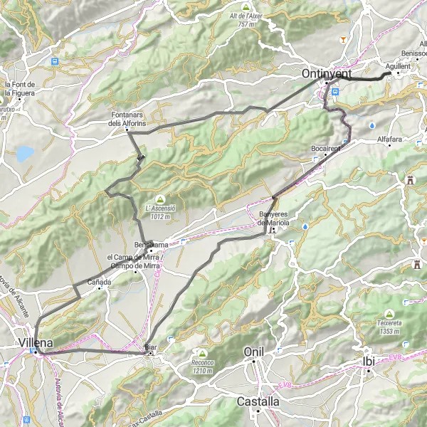 Map miniature of "Villena - Round-Trip to Castillos" cycling inspiration in Comunitat Valenciana, Spain. Generated by Tarmacs.app cycling route planner