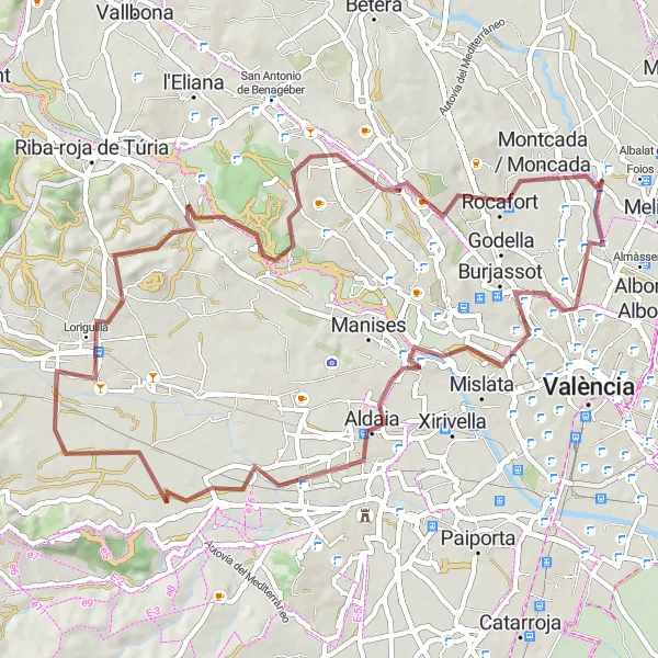 Miniatua del mapa de inspiración ciclista "Emocionante ruta de bicicleta de grava cerca de Vinalesa" en Comunitat Valenciana, Spain. Generado por Tarmacs.app planificador de rutas ciclistas