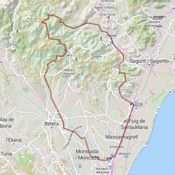 Map miniature of "Albalat dels Sorells to la Pobla de Farnals Gravel Route" cycling inspiration in Comunitat Valenciana, Spain. Generated by Tarmacs.app cycling route planner