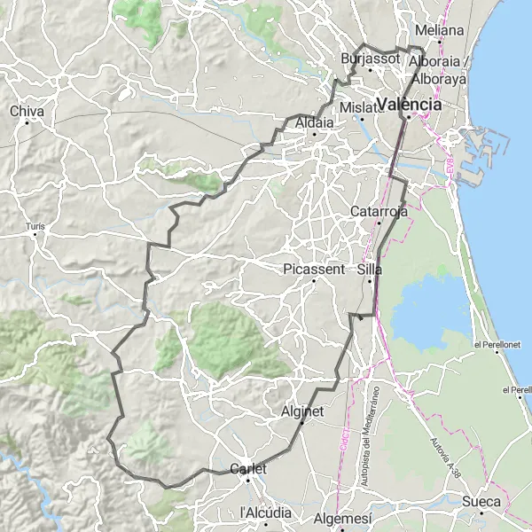 Map miniature of "Challenging road ride through Montroi and Paterna" cycling inspiration in Comunitat Valenciana, Spain. Generated by Tarmacs.app cycling route planner