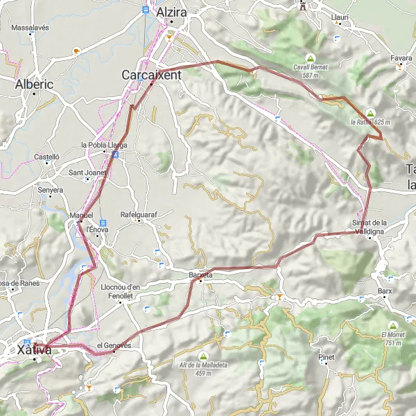 Miniatuurkaart van de fietsinspiratie "Xàtiva-Simat de la Valldigna Gravel Route" in Comunitat Valenciana, Spain. Gemaakt door de Tarmacs.app fietsrouteplanner