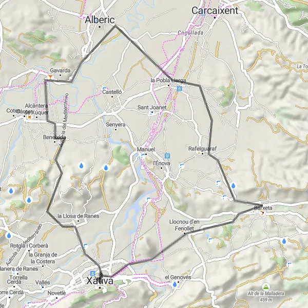Map miniature of "Xàtiva to Alcàntera de Xúquer Tour" cycling inspiration in Comunitat Valenciana, Spain. Generated by Tarmacs.app cycling route planner