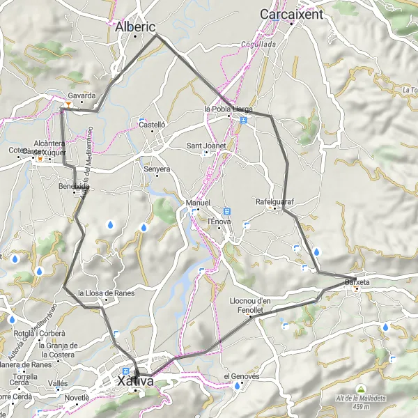 Miniatuurkaart van de fietsinspiratie "Route X4: Xàtiva - Alcàntera de Xúquer - Alberic - El Raboser - Barxeta - Llocnou d'en Fenollet - Lloma dels 4 Vents" in Comunitat Valenciana, Spain. Gemaakt door de Tarmacs.app fietsrouteplanner