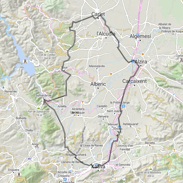 Map miniature of "Xàtiva to Sellent Nature Ride" cycling inspiration in Comunitat Valenciana, Spain. Generated by Tarmacs.app cycling route planner