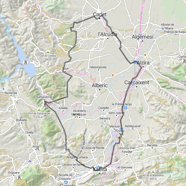 Miniatura della mappa di ispirazione al ciclismo "Esplorando la campagna valenciana: giro in bicicletta da Xàtiva a Carcaixent" nella regione di Comunitat Valenciana, Spain. Generata da Tarmacs.app, pianificatore di rotte ciclistiche