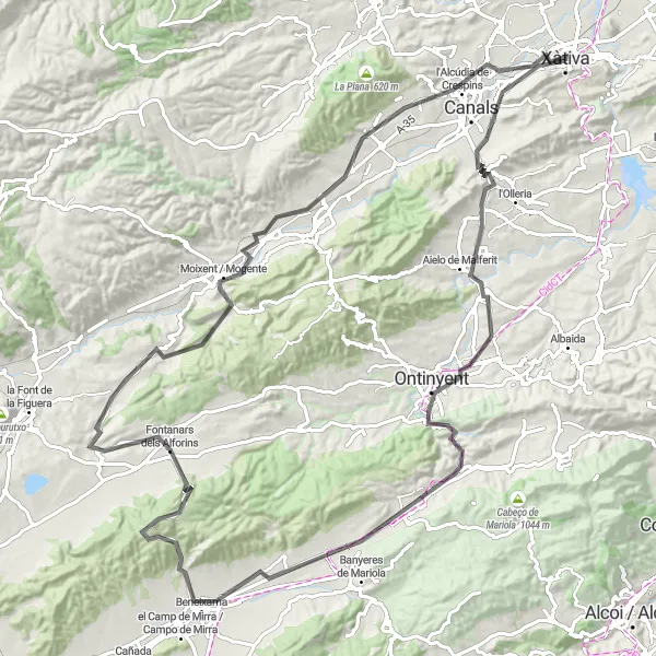 Miniaturní mapa "Okruh kolem Xàtiva přes Novetlè, Bocairent a Moixent" inspirace pro cyklisty v oblasti Comunitat Valenciana, Spain. Vytvořeno pomocí plánovače tras Tarmacs.app