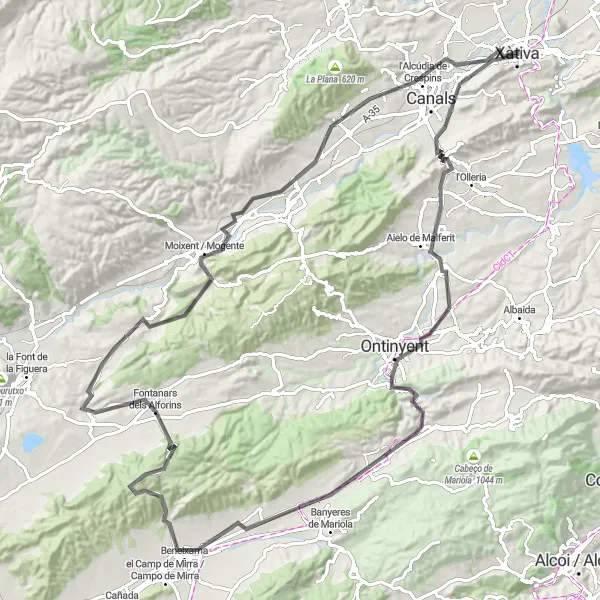 Miniature de la carte de l'inspiration cycliste "Les Montagnes de Valence" dans la Comunitat Valenciana, Spain. Générée par le planificateur d'itinéraire cycliste Tarmacs.app