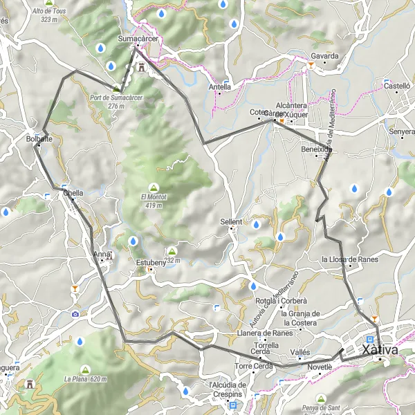 Miniatura della mappa di ispirazione al ciclismo "Giro in bicicletta da Xàtiva a Beneixida" nella regione di Comunitat Valenciana, Spain. Generata da Tarmacs.app, pianificatore di rotte ciclistiche