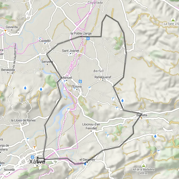 Miniatuurkaart van de fietsinspiratie "Xàtiva-Pobla Llarga Route" in Comunitat Valenciana, Spain. Gemaakt door de Tarmacs.app fietsrouteplanner