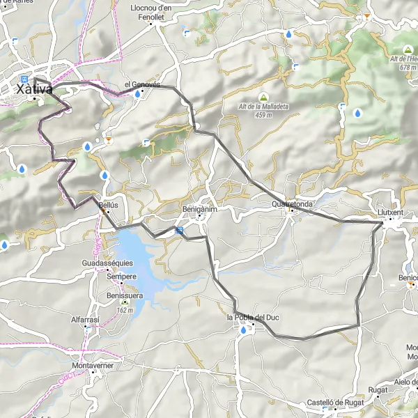 Miniature de la carte de l'inspiration cycliste "Les Routes de l'Intérieur" dans la Comunitat Valenciana, Spain. Générée par le planificateur d'itinéraire cycliste Tarmacs.app