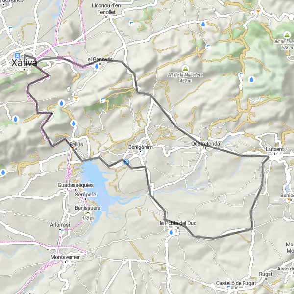 Map miniature of "Xàtiva to les Bateries Altes" cycling inspiration in Comunitat Valenciana, Spain. Generated by Tarmacs.app cycling route planner