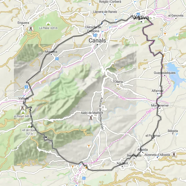 Map miniature of "Penya Roja Loop" cycling inspiration in Comunitat Valenciana, Spain. Generated by Tarmacs.app cycling route planner