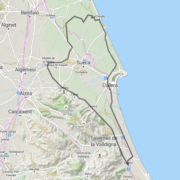 Miniatura della mappa di ispirazione al ciclismo "Tour panoramico della Valldigna" nella regione di Comunitat Valenciana, Spain. Generata da Tarmacs.app, pianificatore di rotte ciclistiche