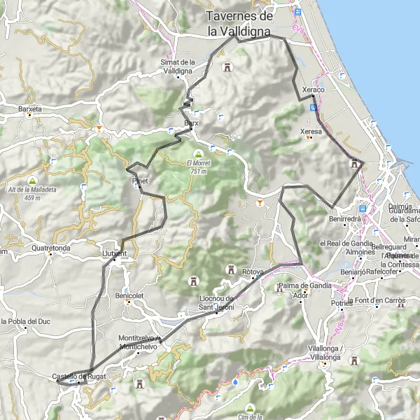 Miniatura della mappa di ispirazione al ciclismo "Esplorazione delle Montagne della Valldigna" nella regione di Comunitat Valenciana, Spain. Generata da Tarmacs.app, pianificatore di rotte ciclistiche