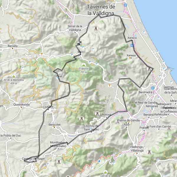 Miniatuurkaart van de fietsinspiratie "Rondweg vanuit Xeraco - Weg" in Comunitat Valenciana, Spain. Gemaakt door de Tarmacs.app fietsrouteplanner