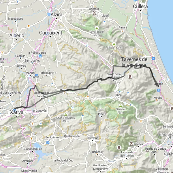 Miniatura della mappa di ispirazione al ciclismo "Esplorazione di Xeraco e dintorni in bici" nella regione di Comunitat Valenciana, Spain. Generata da Tarmacs.app, pianificatore di rotte ciclistiche