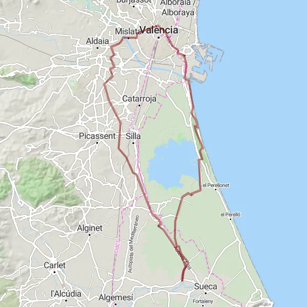 Miniaturní mapa "Přírodní krásy Valencie na kole" inspirace pro cyklisty v oblasti Comunitat Valenciana, Spain. Vytvořeno pomocí plánovače tras Tarmacs.app